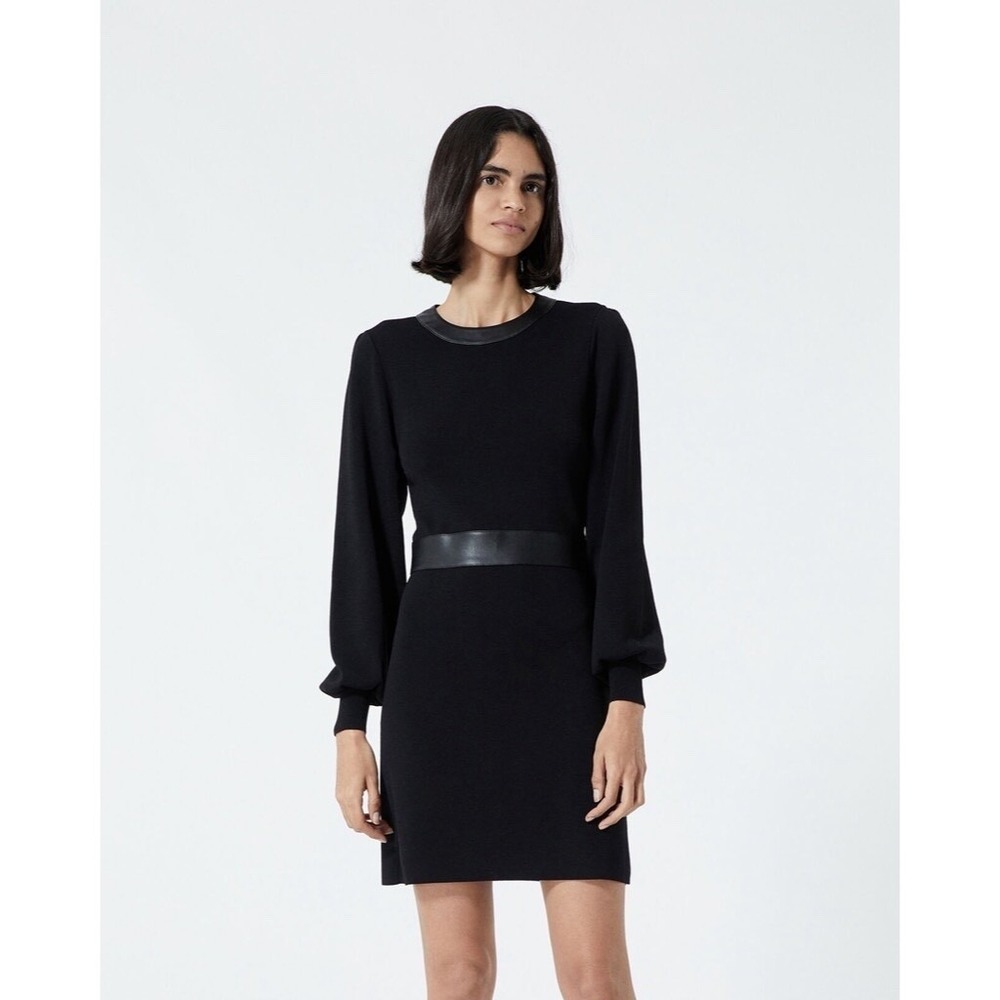 THE KOOPLES Black Knit Faux Leather Trimmed Dress Puff Sleeves Size 3‎ / Large